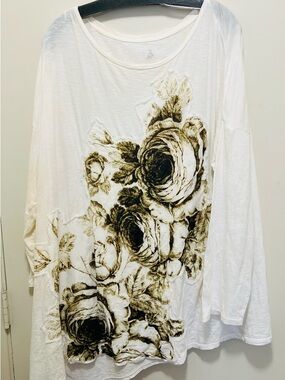 Women's White Long Sleeve Tee with Brown Floral Print